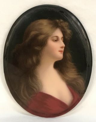 Antique Late 19th C Young Woman Porcelain Plaque Oil Painting Gold Frame Signed 2