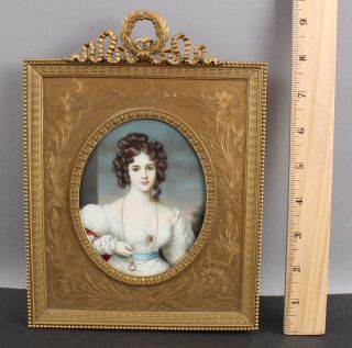 Antique Miniature French Painting,  Miss Rosamond Croker Gilt Brass Ormolu Frame