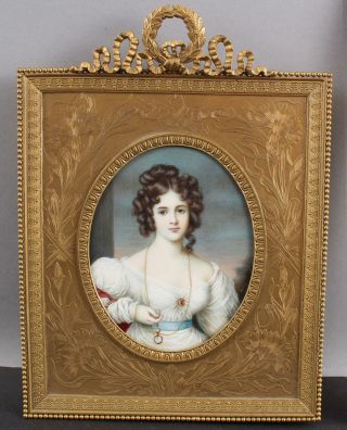 Antique Miniature French Painting,  Miss Rosamond Croker Gilt Brass Ormolu Frame 2