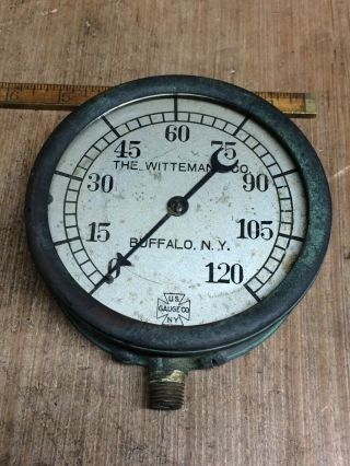 Vintage 4 - 3/4” Brass Us Gauge Co 0 - 120 The Wittmann Steam Punk Awesome Patina