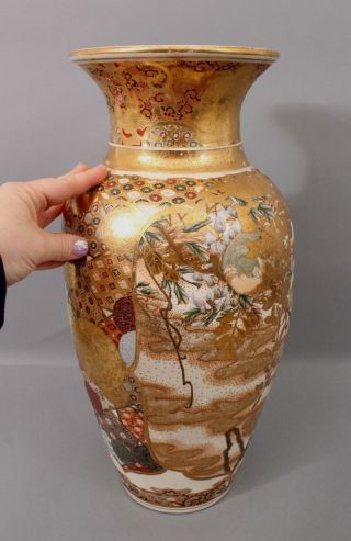 Large Antique Early 20thC Japanese Gold on Gold Satsuma Vase,  Landscape & Birds 2