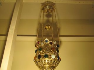 Vintage Antique Jeweled Solid Cast Brass Hanging Kerosene Lamp.  No Res