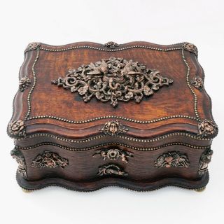 Antique 19thc French Oak Wood Jewelry Box,  Casket,  Birds & Snake Figural Bronze