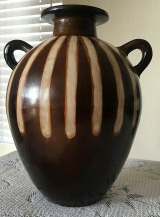2001 Signed Jose Sosa Chulucanas Peru Art Vase Brown Jug Pottery Euc 2 Handles
