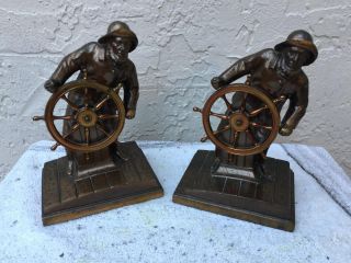 Antique Nautical Maritime Sea Ship Wheel Fisherman Statue Art Bookends
