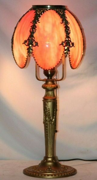 ANTIQUE 6 PANEL PINK SLAG GLASS TABLE LAMP W/ PIERCED BRASS FRAME HANDEL B&H ERA 2