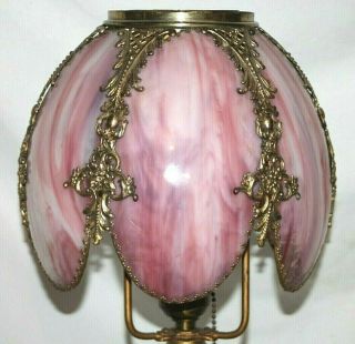 ANTIQUE 6 PANEL PINK SLAG GLASS TABLE LAMP W/ PIERCED BRASS FRAME HANDEL B&H ERA 3