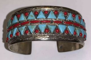 Vtg Old Pawn Navajo Sterling Silver Row Turquoises Red Corals Cuff Bracelet Whoa