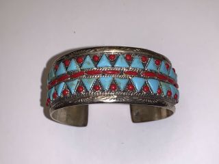 Vtg Old Pawn NAVAJO STERLING SILVER Row TURQUOISES RED CORALS Cuff Bracelet WHOA 2