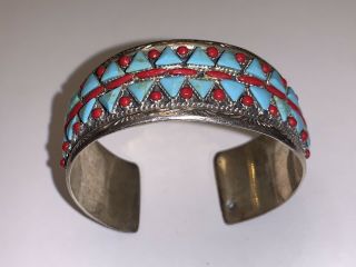 Vtg Old Pawn NAVAJO STERLING SILVER Row TURQUOISES RED CORALS Cuff Bracelet WHOA 3