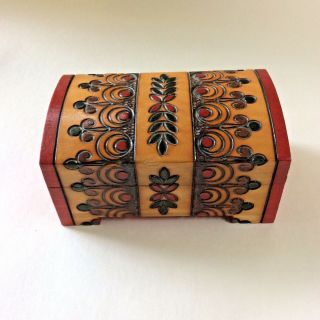 Small Handmade Trinket Box Wood Poker Work Pattern Coloured Hinged Lid