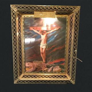 Vintage Metal Frame Lighted Jesus On The Cross Lithograph Hologram