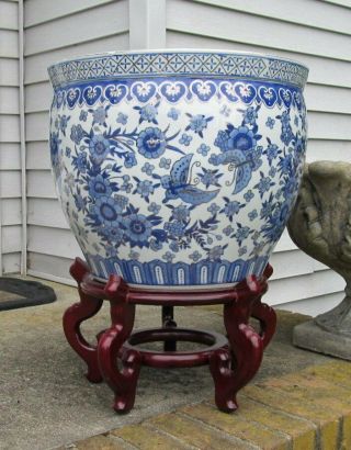 Vintage Chinese Asian Butterfly Blue White Fish Bowl Planter Pot Jardiniere 18 "