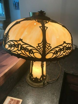 Big Rare Old Antique Slag Curved Glass Lamp Lighted Base 6 Panels Arts & Crafts