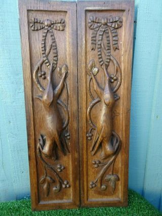 Pair: 19thc Black Forest Wooden Oak Carved Panels With Hares,  C1880s