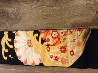 Japanese Kimono Belt Fukuro Obi Silk Black Gold Embroidered Floral Thick Orange