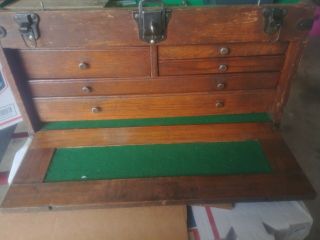 Vintage Wooden 5 Drawer Machinist Tool Box Chest With Tools Starrett