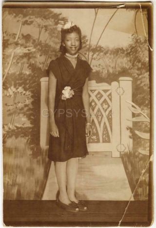 1940s Vintage Photo Pretty Black Girl In Dress W Pearl Necklace & Open Toe Shoes