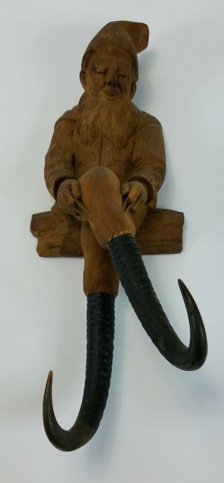 Antique Hand Carved Wooden Elf Gnome With Horn Legs From Switzerland