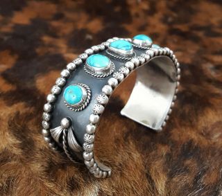Vtg Navajo Signed Sterling Silver 5 Stone Turquoise Old Pawn Mens Cuff Bracelet
