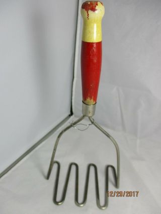 Potato Masher,  Red & White (cream) Handle,  Sturdy 11 " Long,  Vintage Hand Tool