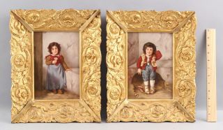 Pair Antique 19thc German Kpm Porcelain Paintings Plaques,  Young Farm Girl & Boy
