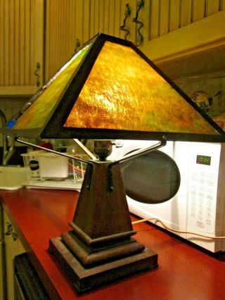 Antique Arts & Crafts Oak & Slag Glass Table Lamp Mission Adarondack Cabin