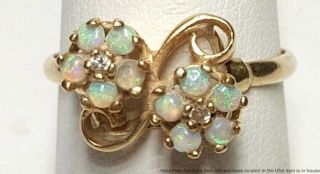 14k Yellow Gold Natural Australian Opal Diamond Flower Ring Vintage Size 7