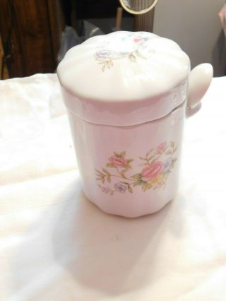 Vintage White China Jar With Lid,  Spoon On Side,  Instant Coffee,  Sugar,  Tea