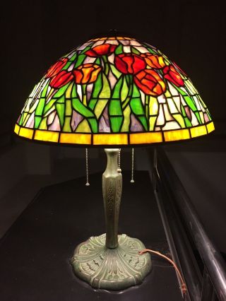 Artisan Leaded Glass Lamp With Shade Hand Crafted Art Nouveau Vintage