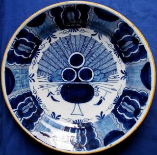18th Century Dutch Delft 14 " Signed Blue & White Peacock Charger Circa 1750