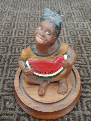 Vintage Black Americana Figurine Adorable Girl Eating Watermelon With Wood Base