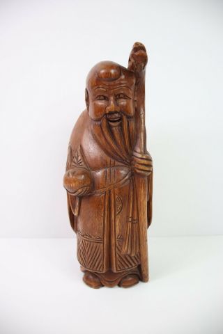Vintage Asian Man Cane Snake Chinese Box Carved Wood Wooden Statue Figure 12”