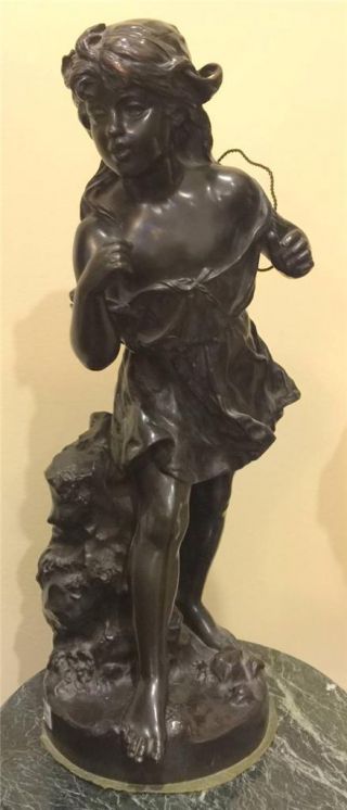 Antique Bronze Girl With A Basket By Sculpture Hippolyte Moreau 19th Century