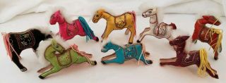 8 Embroidered Silk Horses Vintage China Bright Colored Miniature Pony Art Deco