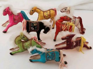 8 Embroidered Silk Horses Vintage China Bright Colored Miniature Pony Art Deco 2