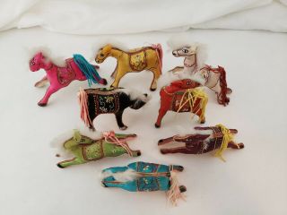 8 Embroidered Silk Horses Vintage China Bright Colored Miniature Pony Art Deco 3