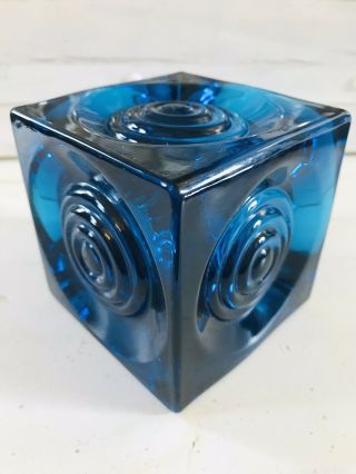 Vintage Mcm Viking Glass Blue Cube Votive Candle Holder Bullseye 3.  5” Round Open