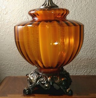 Large Vintage Amber Brass Mid Century Modern Retro Glass Double Light Lamp Mcm