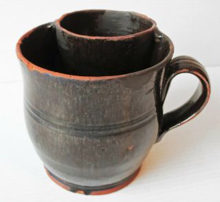 Antique Nh Redware Shaving Mug W Brush Holder,  1800 