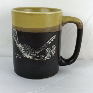 Vintage Brown Yellow Stoneware Coffee Cup Mug Road Runner Cactus