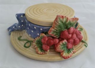 Fitz And Floyd Essentials Hat Trinket Box With Grapes Polka Dot Blue Bow Ceramic