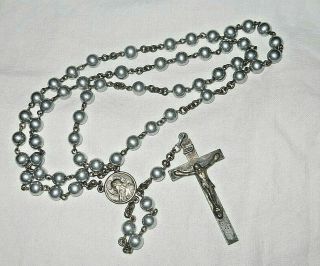 Vintage Old Rosary Beads Silver Or Silver Tone Sacred Heart Of Jesus Virgin Mary