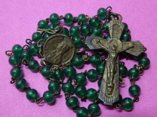 Antique French Monastery Rosary // Dark Green Glass Beads // Children Size