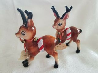 Two Repaired Vintage Vixon Kreiss Reindeer With Tags And Bells Japan