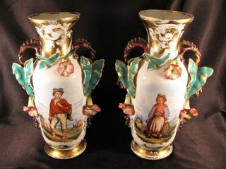 Antique Pair Old Vieux Paris Porcelain Portrait Vases Morning Glory Vine Handles
