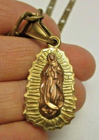 Vintage Gold Tone Religious Necklace Virgin Mary Pendant Marked 14k 23 " Chain
