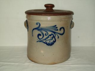 " Primitive " 2 Gallon Stoneware Pottery Crock With Two Sided Cobalt Blue Design