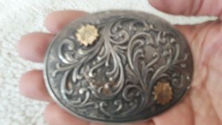 Vtg Vogt Sterling Silver 10k Gold Hand Engraved Belt Buckle 96 Grams Heavy.