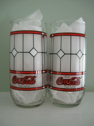 2 Vintage " Enjoy Coca - Cola " Frosted Stained Glass Coke Drinking Glasses Tumblers